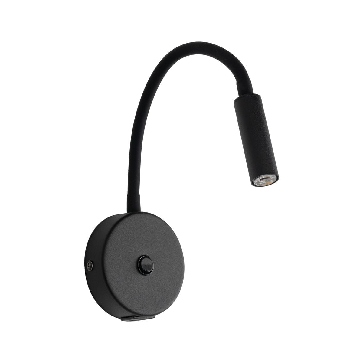 Kinkiet Lagos w kolorze czarnym z gniazdem USB, z elastycznym ramieniem i cylindryczną głowicą. Ujęcie frontalne, widoczny przycisk włączania na okrągłej podstawie. Idealny do oświetlenia przy łóżku lub biurku.