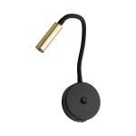Kinkiet Lagos z gniazdem USB, czarny z złotymi akcentami. Elastyczna, metalowa głowica o cylindrycznym kształcie, zamontowana na okrągłej podstawie. Widoczny przycisk włączania i gniazdo USB na podstawie.