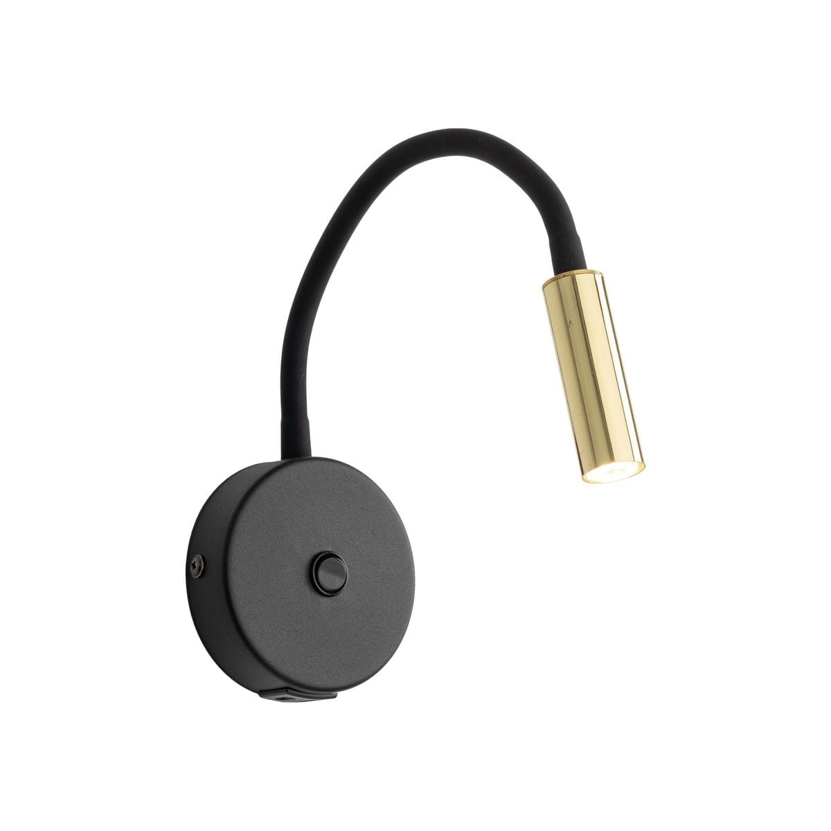 Kinkiet Lagos z gniazdem USB, w kolorze czarnym i złotym. Posiada elastyczny, czarny przewód oraz złotą oprawę lampy G9. Zamontowany na okrągłej, czarnej podstawie z przyciskiem włączającym.