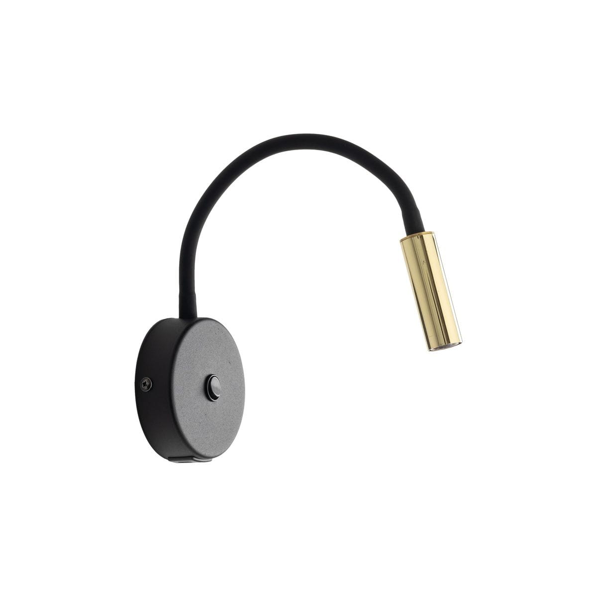 Kinkiet Lagos z gniazdem USB, w kolorze czarnym i złotym. Posiada elastyczny, czarny przewód oraz cylindryczną, złotą oprawkę na żarówkę G9. Zamontowany na okrągłej, czarnej podstawie.