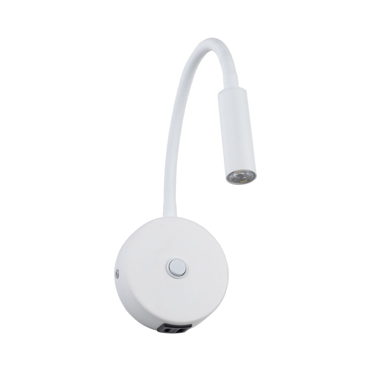 Lagos kinkiet z gniazdem USB, biały, z elastycznym ramieniem, podłużnym źródłem światła i okrągłą podstawą. Widoczny przycisk włączania na podstawie oraz port USB. Ujęcie z boku, ukazujące kształt i funkcje produktu.