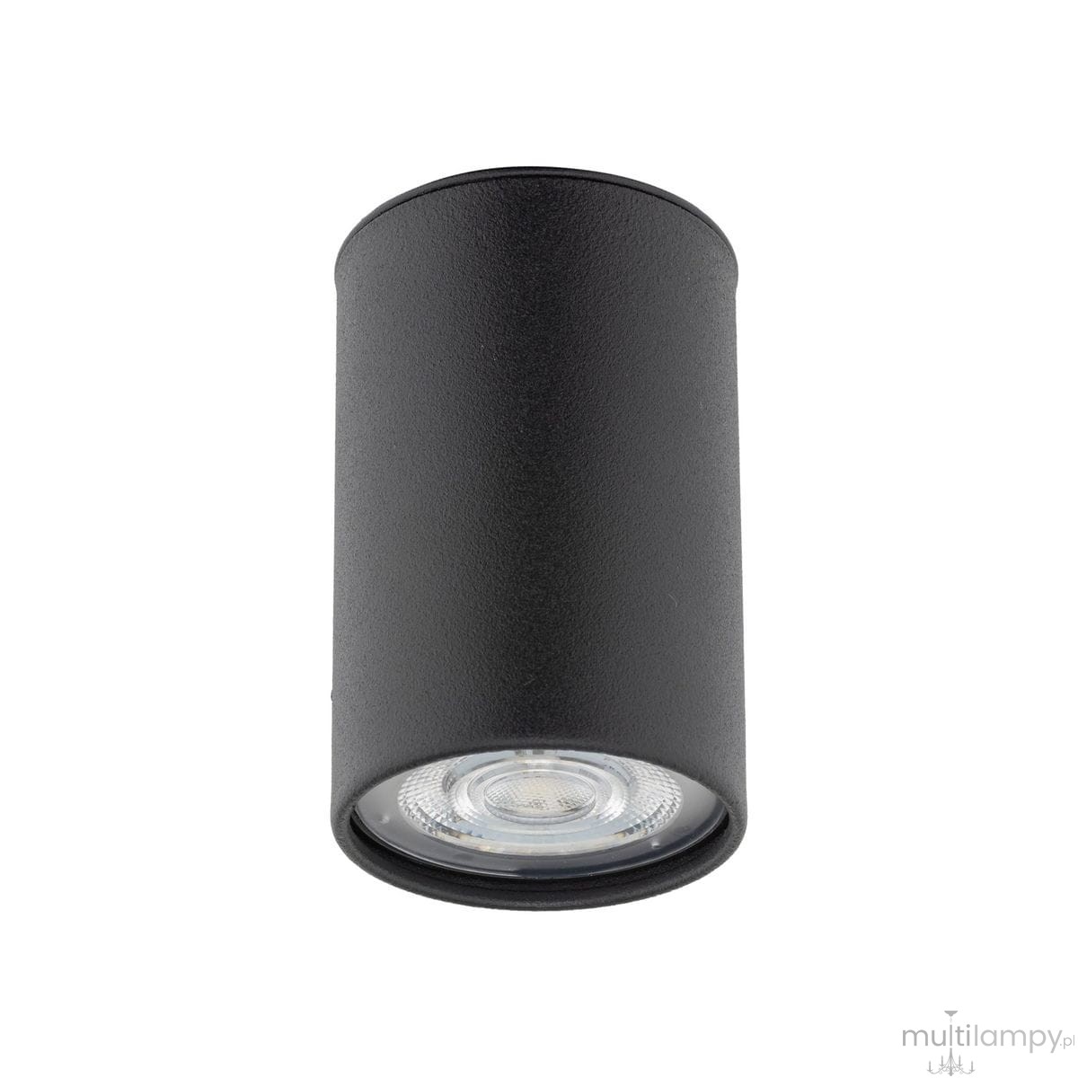 Lampa sufitowa w kolorze czarnym z oprawą na jedną żarówkę GU10. Cylindryczny kształt, matowa tekstura, z widoczną soczewką na dole. Ujęcie z dołu, podkreślające jej minimalistyczny design.