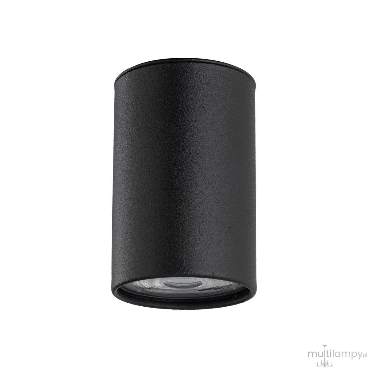Lampa sufitowa w kolorze czarnym, cylindryczna, z miejscem na jedną żarówkę GU10. Ujęcie frontalne, ukazuje gładką, matową powierzchnię. Idealna do nowoczesnych wnętrz.
