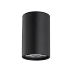 Lampa sufitowa w kolorze czarnym, cylindryczna, z miejscem na jedną żarówkę GU10. Ujęcie frontalne, ukazuje gładką, matową powierzchnię. Idealna do nowoczesnych wnętrz.