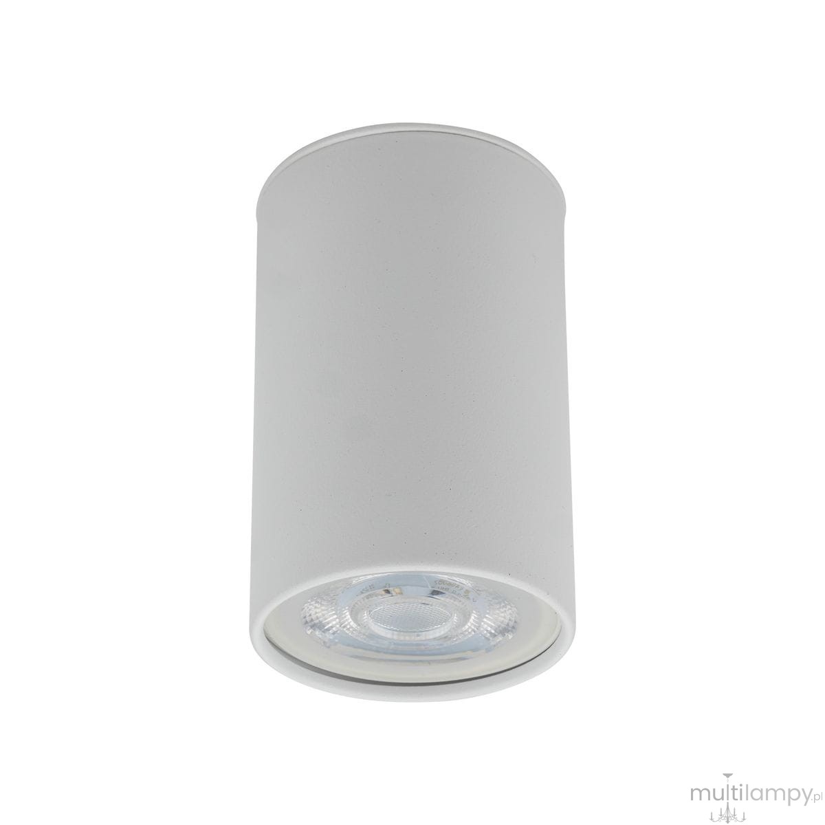 Biała lampa sufitowa, cylindryczny kształt, jedno gniazdo GU10. Zbliżenie na detal klosza z przezroczystym wkładem. Prosta, minimalistyczna forma, zamontowana na suficie.