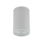 Biała lampa sufitowa, cylindryczny kształt, jedno gniazdo GU10. Zbliżenie na detal klosza z przezroczystym wkładem. Prosta, minimalistyczna forma, zamontowana na suficie.