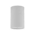 Biała lampa sufitowa w kształcie cylindra, z miejscem na jedną żarówkę GU10. Ujęcie frontalne, produkt zamontowany na suficie. Gładka, matowa powierzchnia, bez widocznych dekoracji.