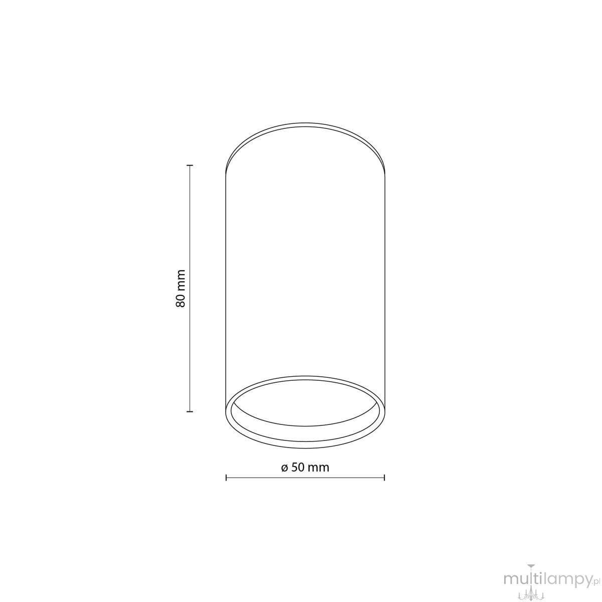 Biała lampa sufitowa o cylindrycznym kształcie, z miejscem na jedną żarówkę GU10. Wymiary: średnica 50 mm, wysokość 80 mm. Prosta konstrukcja, idealna do nowoczesnych wnętrz.