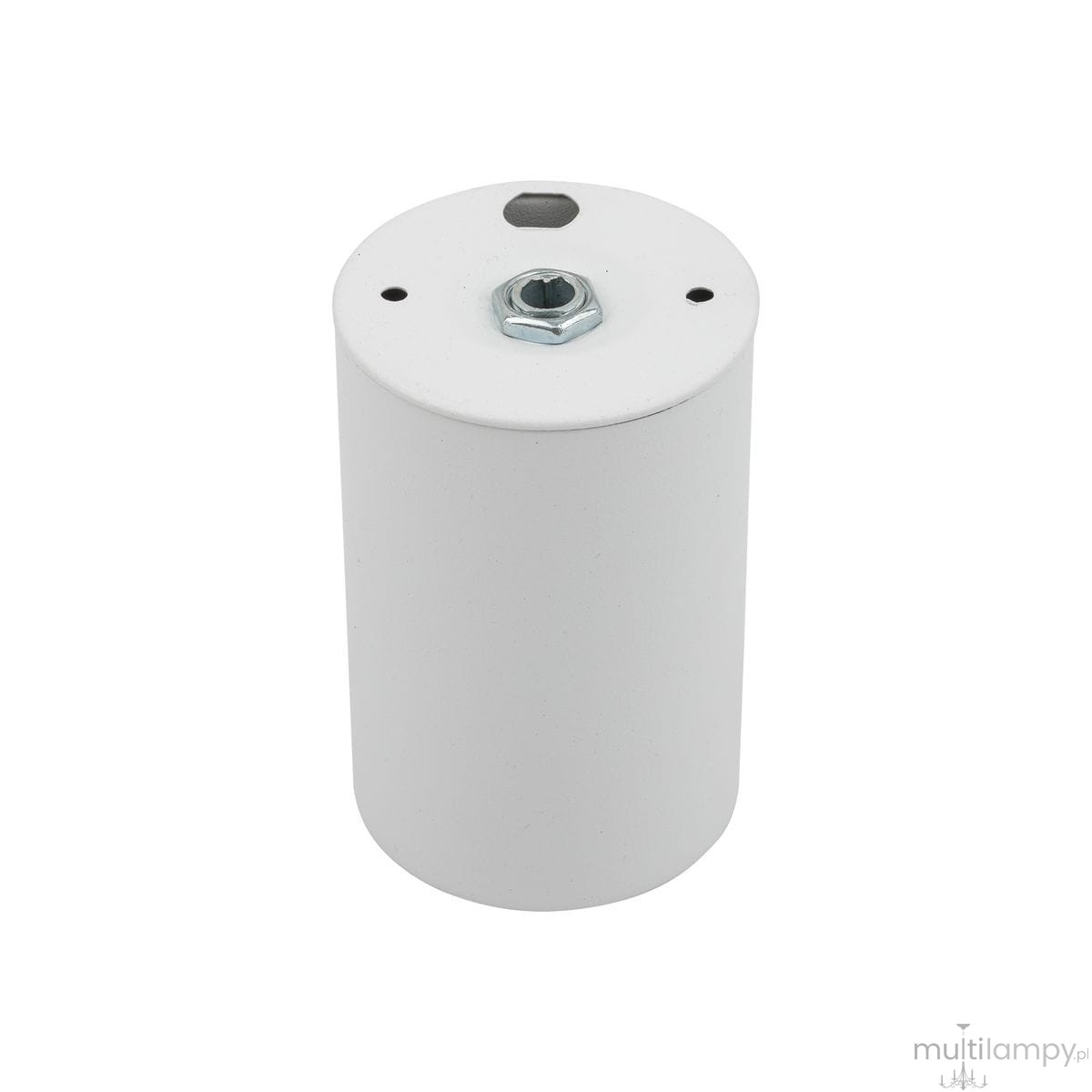 Biała lampa sufitowa z gniazdem na żarówkę GU10, o cylindrycznym kształcie. Ujęcie z góry, pokazujące gładką powierzchnię oraz metalowy element mocujący. Idealna do nowoczesnych wnętrz.