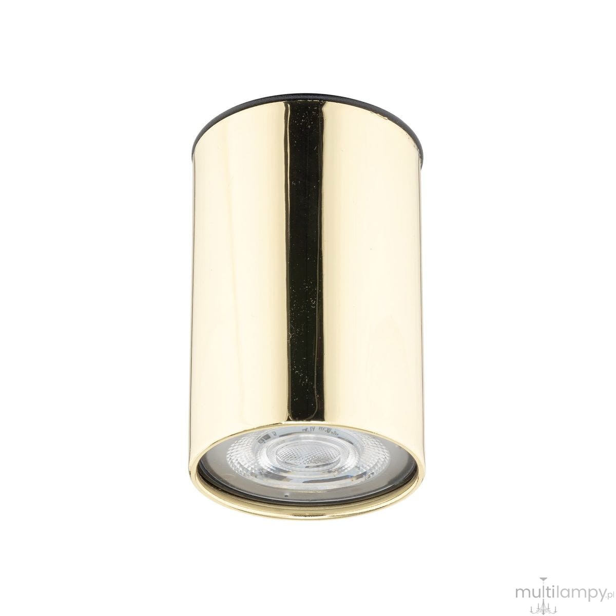 Złota lampa sufitowa z metalowym kloszem w kształcie cylindrycznym, z widocznym gniazdem na żarówkę GU10. Ujęcie frontalne, na białym tle. Stylowa i nowoczesna, idealna do różnych wnętrz.