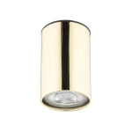Złota lampa sufitowa z metalowym kloszem w kształcie cylindrycznym, z widocznym gniazdem na żarówkę GU10. Ujęcie frontalne, na białym tle. Stylowa i nowoczesna, idealna do różnych wnętrz.