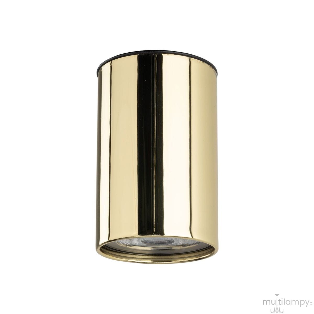 Lampa sufitowa w kolorze złotym z czarnym akcentem, cylindryczna, przeznaczona na żarówkę GU10. Ujęcie frontalne, lampa zawieszona, z widoczną gładką powierzchnią, odbijającą światło.