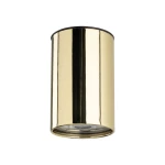 Lampa sufitowa w kolorze złotym z czarnym akcentem, cylindryczna, przeznaczona na żarówkę GU10. Ujęcie frontalne, lampa zawieszona, z widoczną gładką powierzchnią, odbijającą światło.
