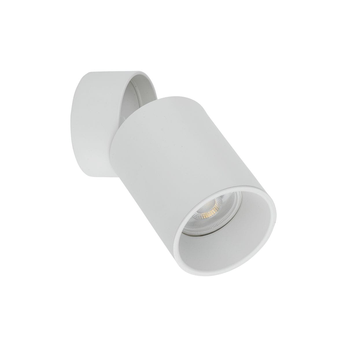 Biała lampa sufitowa typu spot z pojedynczym źródłem światła GU10. Okrągły klosz w minimalistycznym designie, zamontowany pod kątem. Wykonana z matowego materiału, montowana na ścianie lub suficie.