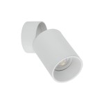 Biała lampa sufitowa typu spot z pojedynczym źródłem światła GU10. Okrągły klosz w minimalistycznym designie, zamontowany pod kątem. Wykonana z matowego materiału, montowana na ścianie lub suficie.