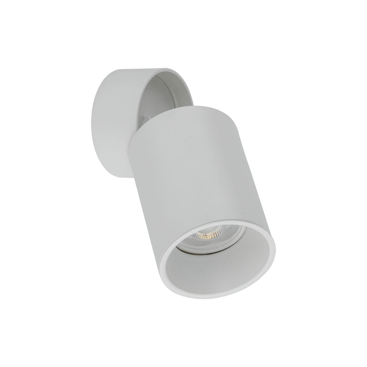 Biała lampa sufitowa typu spot z jednym gniazdem GU10. Okrągła, matowa obudowa, zamontowana na ścianie lub suficie, z widocznym źródłem światła. Prosty design, odpowiednia do nowoczesnych wnętrz.