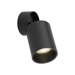 Czarna lampa sufitowa typu spot z oprawą na jeden żarówkę GU10. Ujęcie z boku, pokazujące cylindryczny kształt i matowe wykończenie. Widoczna wnętrze oprawy z miejscem na żarówkę. Produkt zamontowany na okrągłej podstawie.