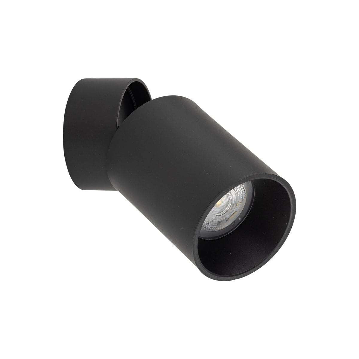 Lampa sufitowa typu spot w kolorze czarnym, z oprawą okrągłą, przeznaczona na żarówkę GU10. Ujęcie z boku, pokazujące detal wnętrza lampy. Prosta, matowa powierzchnia bez dodatkowych zdobień.
