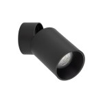 Lampa sufitowa typu spot w kolorze czarnym, z oprawą okrągłą, przeznaczona na żarówkę GU10. Ujęcie z boku, pokazujące detal wnętrza lampy. Prosta, matowa powierzchnia bez dodatkowych zdobień.
