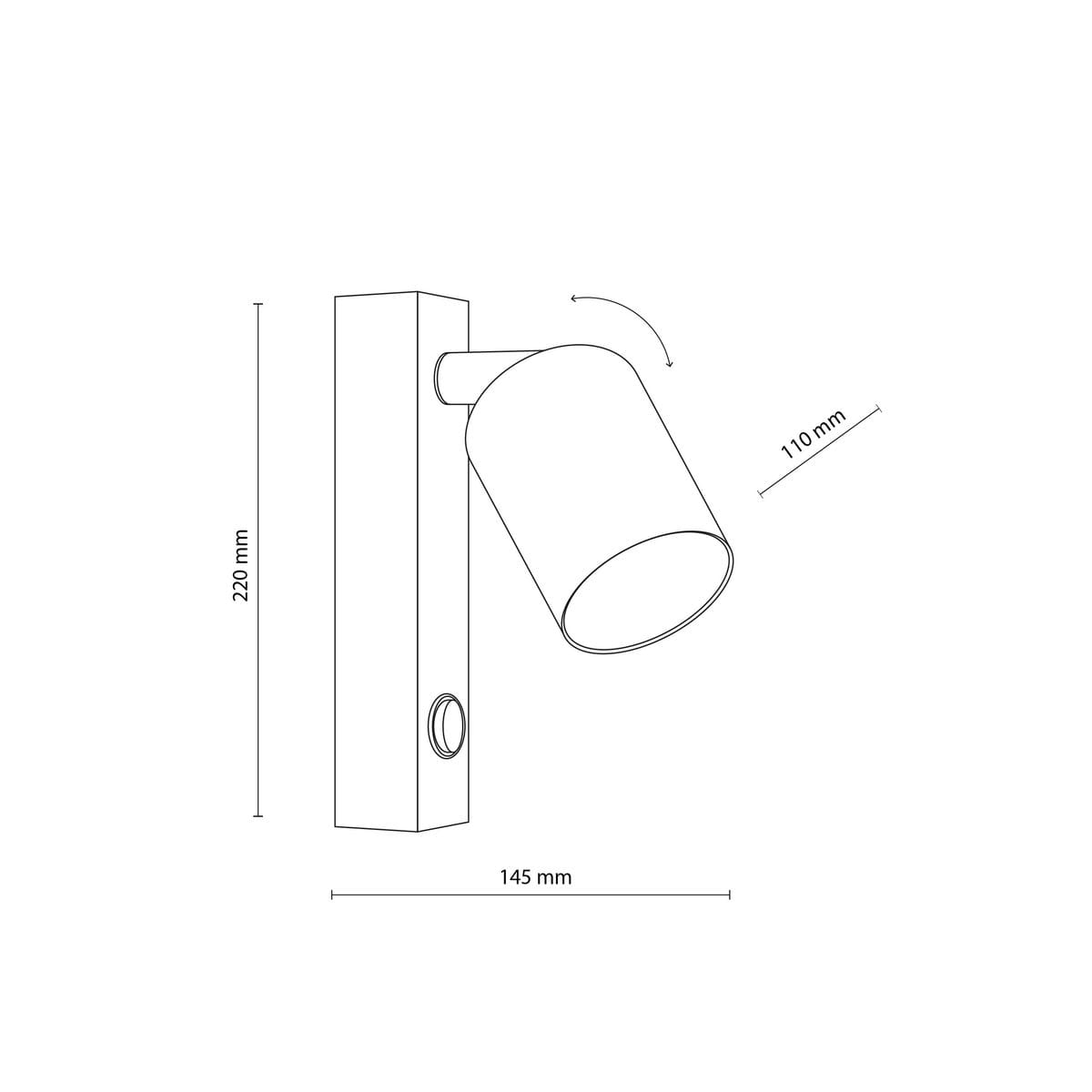 Biały kinkiet (spot) 1xGU10 o wymiarach 220 mm wysokości i 145 mm szerokości. Okrągła głowica lampy w regulowanej pozycji, zamontowana na prostokątnej podstawie. Minimalistyczny design, idealny do nowoczesnych wnętrz.