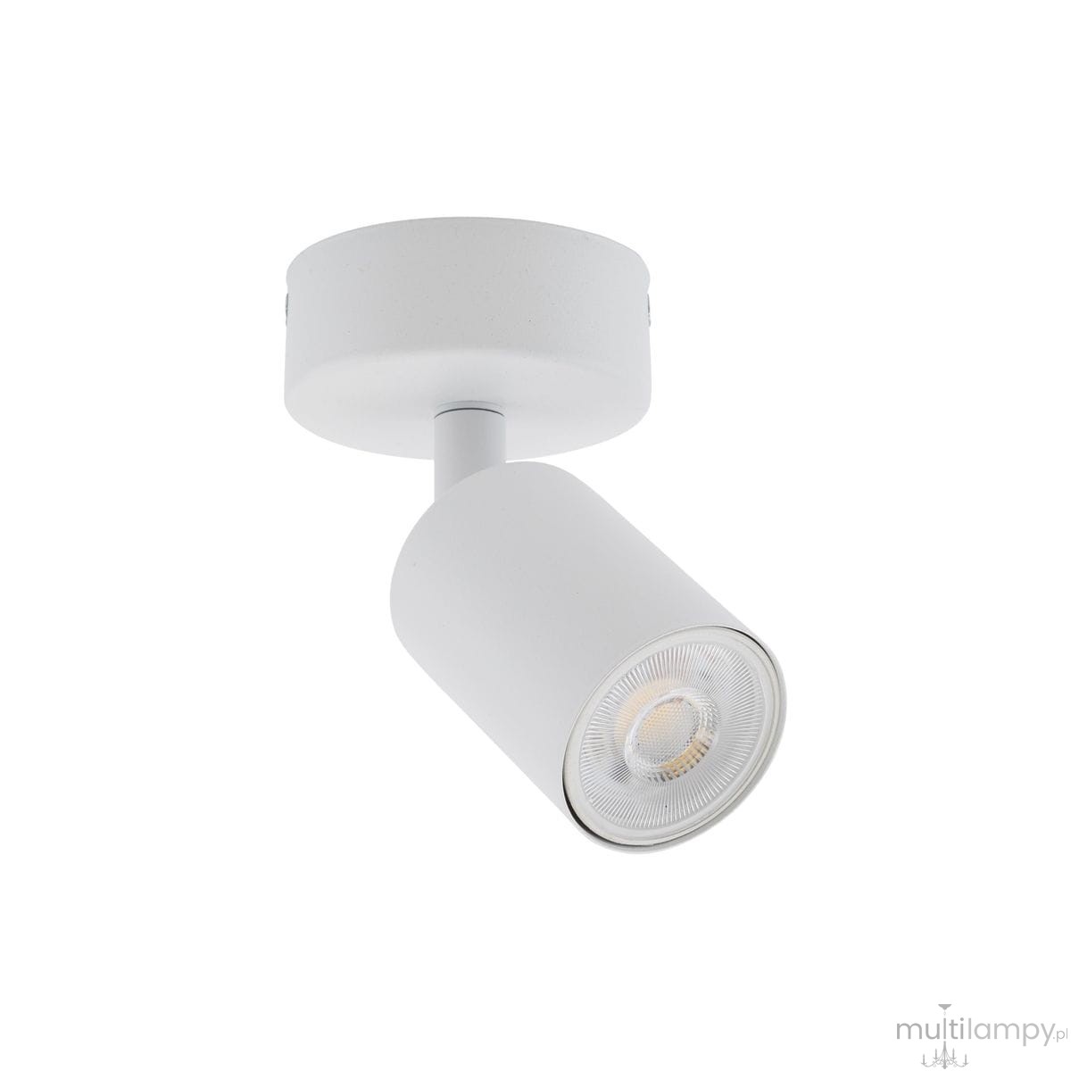 Biała lampa sufitowa typu spot z mocowaniem na jedną żarówkę GU10. Cylindryczny kształt oprawy z metalowym wykończeniem, zamontowana na okrągłej podstawie. Lampa skierowana w dół, idealna do oświetlenia wnętrz.