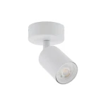 Biała lampa sufitowa typu spot z mocowaniem na jedną żarówkę GU10. Cylindryczny kształt oprawy z metalowym wykończeniem, zamontowana na okrągłej podstawie. Lampa skierowana w dół, idealna do oświetlenia wnętrz.