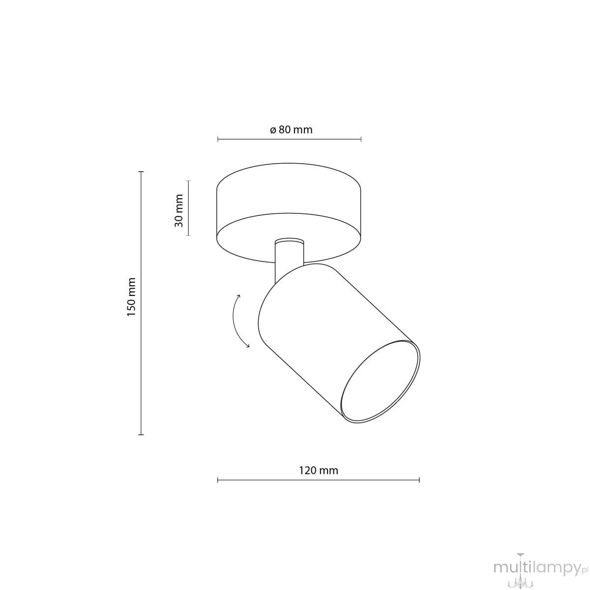 Lampa sufitowa (spot) 1xGU10 w kolorze białym, o wymiarach 150 mm wysokości i 120 mm długości. Ma cylindryczny kształt oraz możliwość regulacji kąta nachylenia. Montowana do sufitu, z okrągłą podsufitką o średnicy 80 mm.