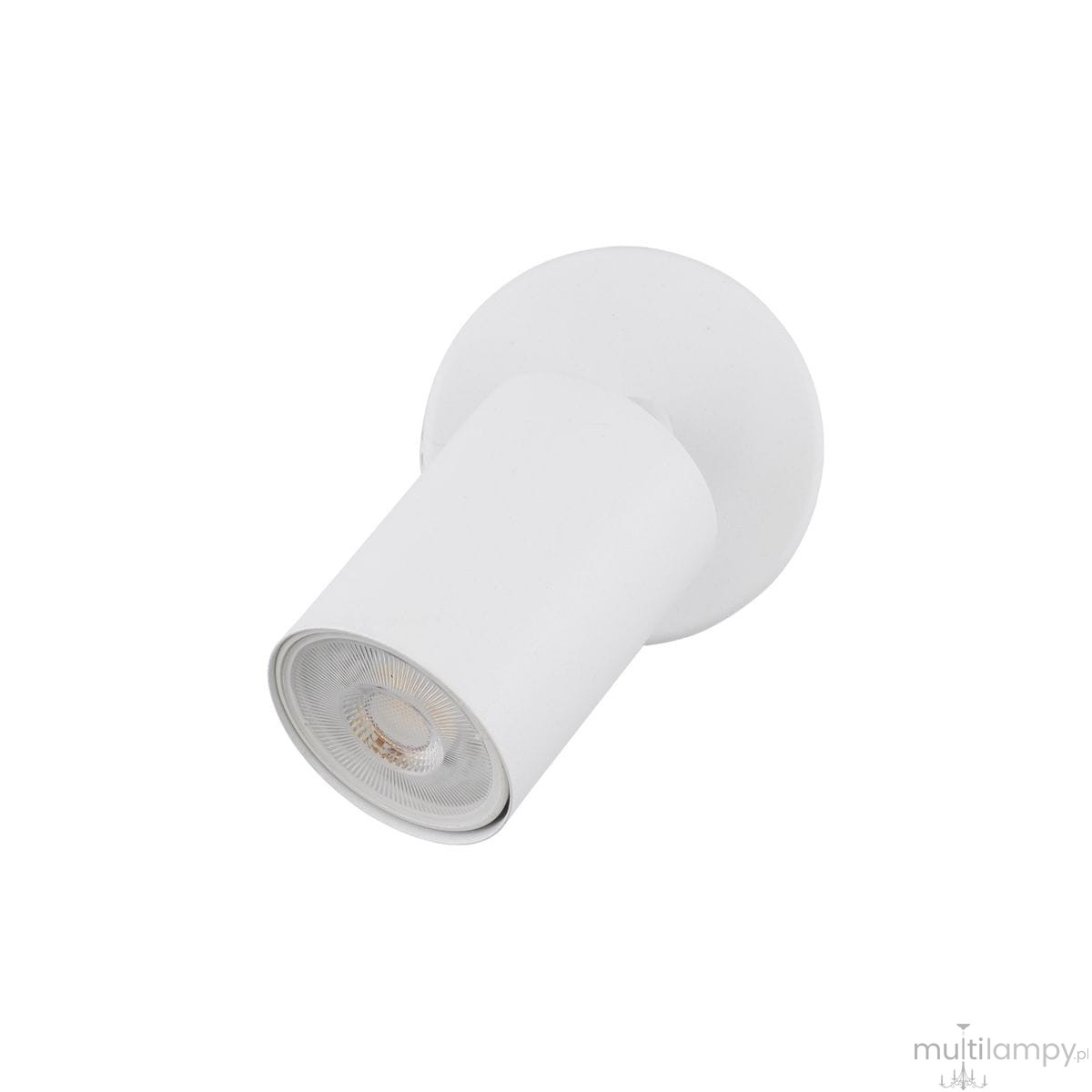 Biała lampa sufitowa typu spot z oprawą na jedną żarówkę GU10. Produkt widoczny pod kątem, z cylindrycznym korpusem i okrągłą podstawą. Prosty, nowoczesny design, idealny do oświetlenia wnętrz.