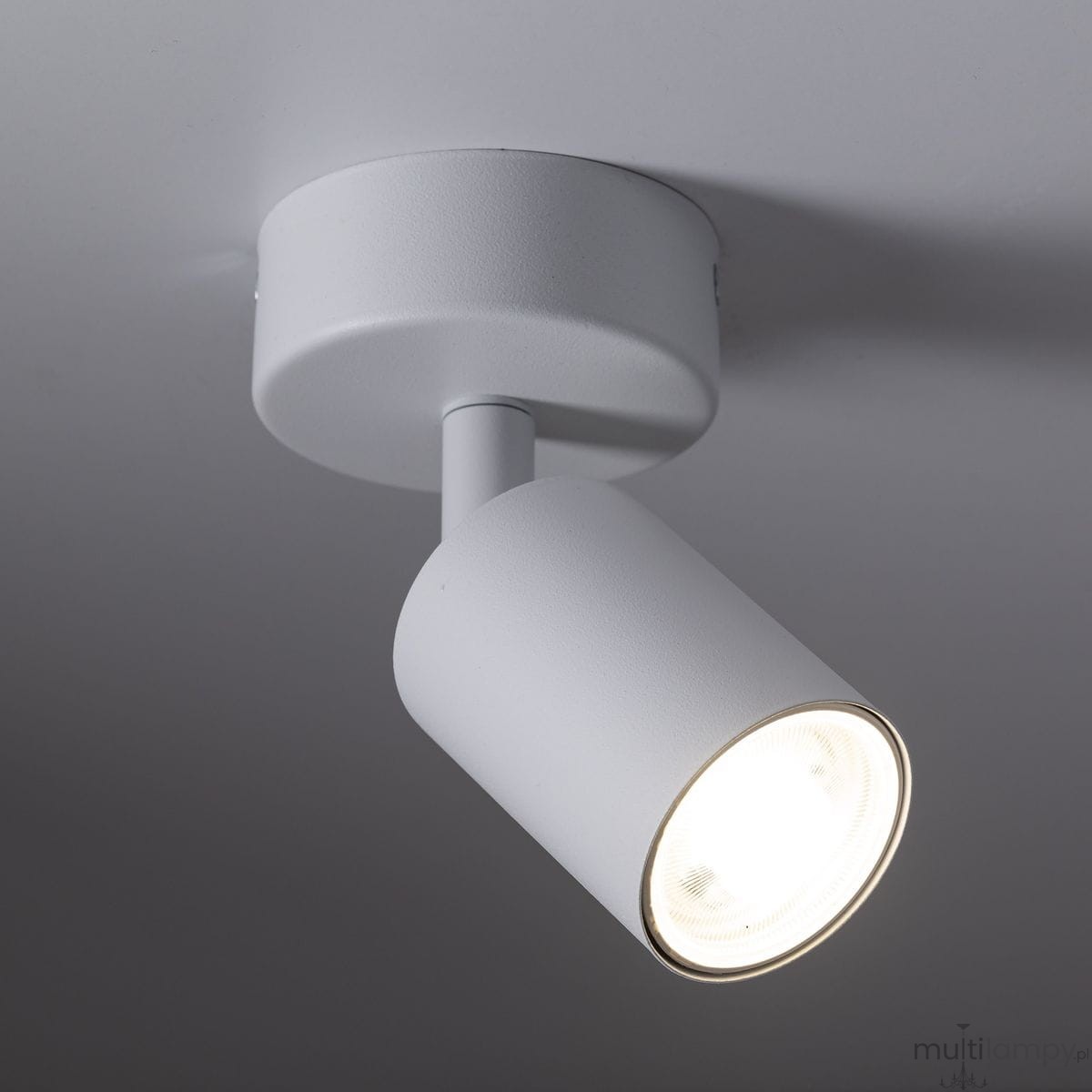 Lampa sufitowa w białym kolorze, z pojedynczym spotem, montowana na suficie. Cylindryczny kształt oprawy, z widoczną żarówką GU10. Ujęcie z boku, pokazujące detal konstrukcji i źródło światła.