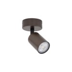 Brązowa lampa sufitowa typu spot z jednym gniazdem GU10. Posiada cylindryczny klosz, zamontowany na okrągłej podstawie. Ujęcie z góry, ukazujące kąt regulacji klosza. Prosty design, idealna do nowoczesnych wnętrz.