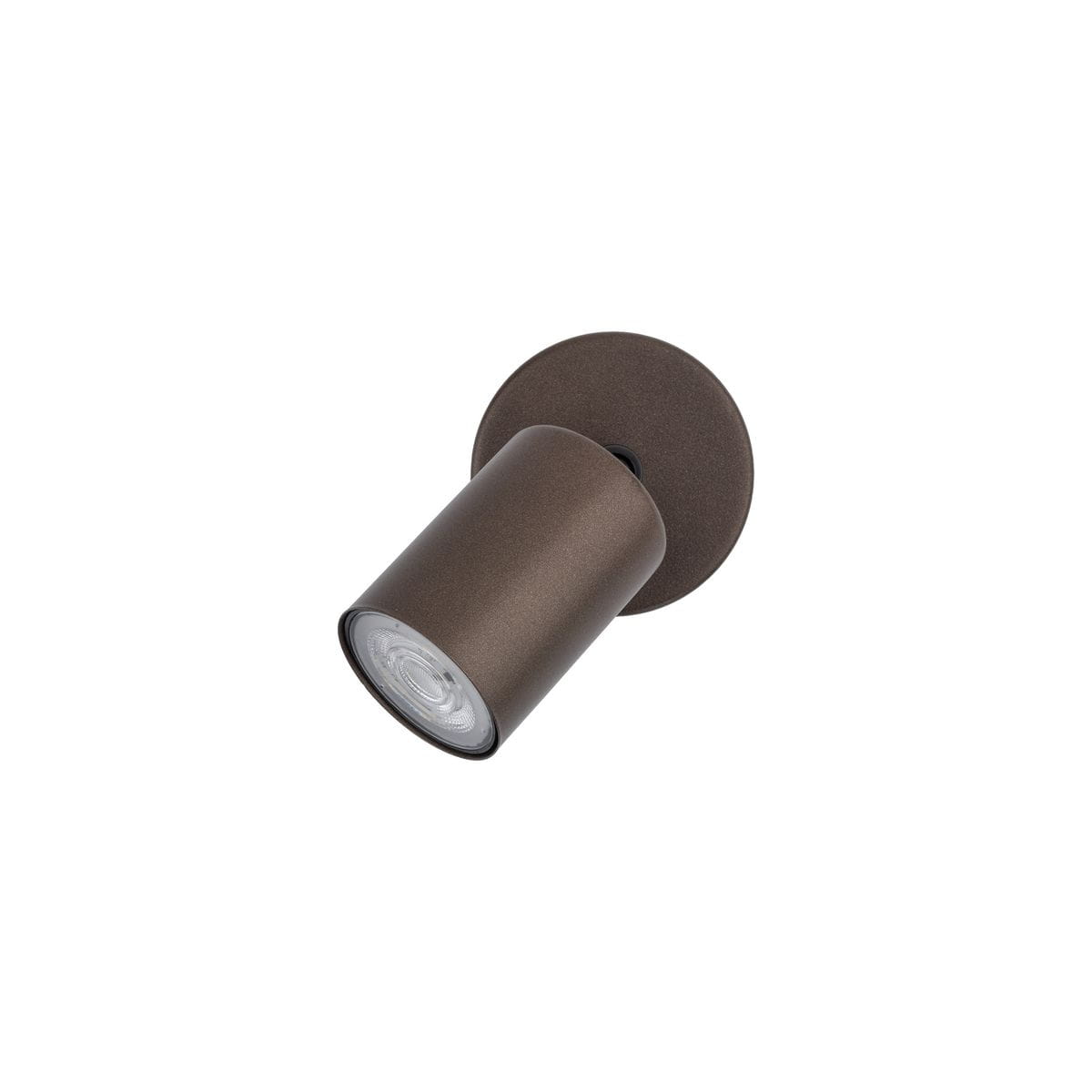 Lampa sufitowa w kolorze brązowym, z pojedynczym spotem na żarówkę GU10. Ujęcie z boku, pokazujące cylindryczną obudowę i okrągłą podstawę. Wykonana z metalu, matowa powierzchnia, idealna do oświetlenia wnętrz.