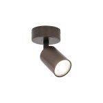 Brązowa lampa sufitowa typu spot z jedną oprawą GU10, zamontowana na okrągłej podstawie. Kąt ujęcia z góry ukazuje lekko pochyloną głowicę, która kieruje światło w dół. Prosty, minimalistyczny design, idealna do nowoczesnych wnętrz.