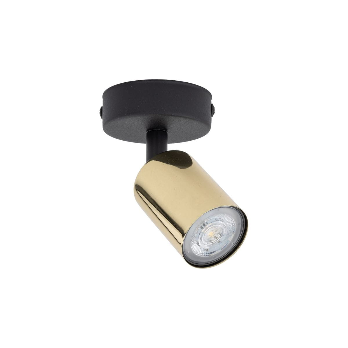 Lampa sufitowa typu spot z jedną oprawą GU10, czarna podstawa i złoty klosz. Ujęcie z boku, zamontowana na suficie, widać detal reflektora. Proste tło, podkreślające elegancki design.
