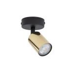 Lampa sufitowa typu spot z jedną oprawą GU10, czarna podstawa i złoty klosz. Ujęcie z boku, zamontowana na suficie, widać detal reflektora. Proste tło, podkreślające elegancki design.
