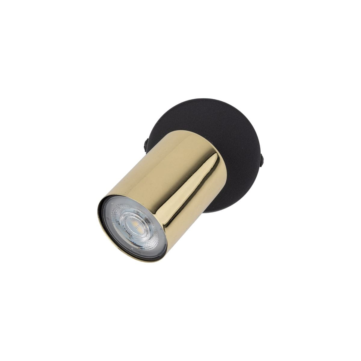 Lampa sufitowa typu spot z jedną oprawą GU10 w kolorze czarnym i złotym. Ujęcie z boku, pokazujące cylindryczny klosz oraz okrągłą podstawę. Wykonana z metalu, matowa powierzchnia czarna i błyszcząca złota. Idealna do nowoczesnych wnętrz.