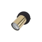 Lampa sufitowa typu spot z jedną oprawą GU10 w kolorze czarnym i złotym. Ujęcie z boku, pokazujące cylindryczny klosz oraz okrągłą podstawę. Wykonana z metalu, matowa powierzchnia czarna i błyszcząca złota. Idealna do nowoczesnych wnętrz.