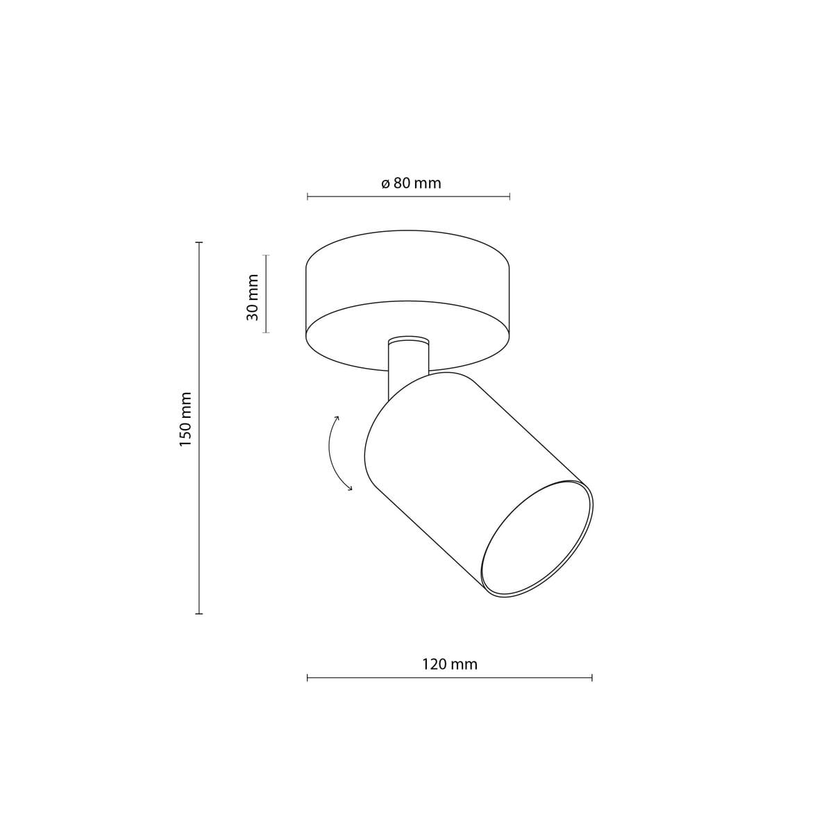 Lampa sufitowa (spot) 1xGU10 w kolorze czarnym i złotym, o średnicy 80 mm i wysokości 150 mm. Zawiera ruchomy klosz, montowana na stropie, idealna do oświetlenia wnętrz. Prosta, nowoczesna forma, z minimalnym designem.