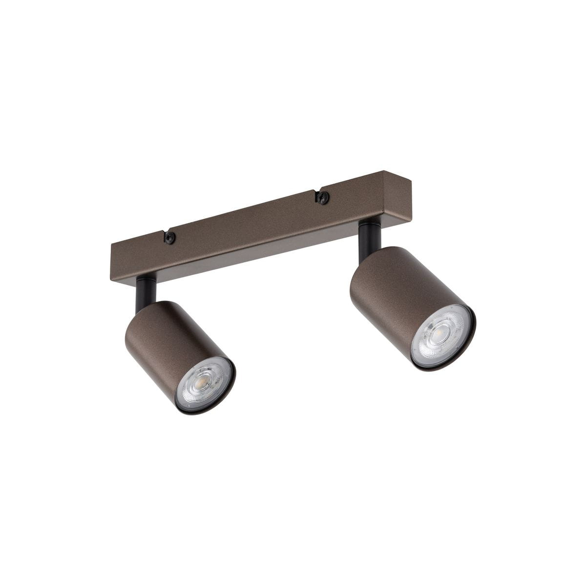 Brązowa lampa sufitowa typu spot z dwoma ruchomymi oprawami na żarówki GU10. Ujęcie frontalne, produkt zamontowany na płaskiej podstawie z metalicznym wykończeniem. Wysokie, cylindryczne klosze z przezroczystymi szybami, idealne do oświetlenia wnętrz.