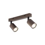 Brązowa lampa sufitowa typu spot z dwoma gniazdami GU10, zamontowana na prostokątnej podstawie. Reflektory o cylindrycznym kształcie są regulowane, co umożliwia kierowanie światła. Produkt znajduje się na jasnym tle.
