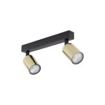 Czarna lampa sufitowa z dwoma reflektorami w złotych obudowach, zamontowana na prostokątnej podstawie. Ujęcie frontalne, eksponujące elegancki design oraz położenie punktów świetlnych. Idealna do nowoczesnych wnętrz.