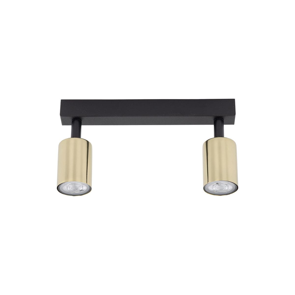 Lampa sufitowa typu spot z dwoma oprawami na żarówki GU10, w kolorze czarnym i złotym. Posiada prostokątną, czarną podstawę oraz cylindryczne, złote klosze, ustawione pod kątem. Elementy metalowe, minimalistyczny design.