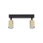 Lampa sufitowa typu spot z dwoma oprawami na żarówki GU10, w kolorze czarnym i złotym. Posiada prostokątną, czarną podstawę oraz cylindryczne, złote klosze, ustawione pod kątem. Elementy metalowe, minimalistyczny design.