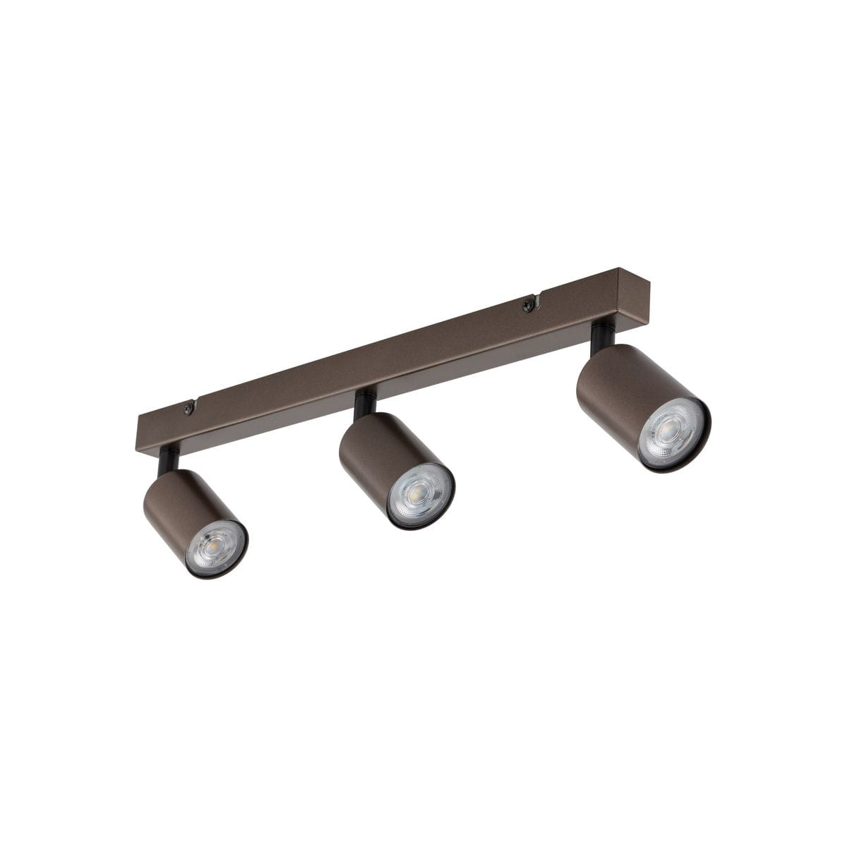 Brązowa lampa sufitowa typu spot z trzema reflektorami GU10, zamontowana na prostokątnej podstawie. Reflektory mają okrągłe kształty i są skierowane w różne strony, co umożliwia regulację kierunku światła. Idealna do oświetlenia wnętrz.