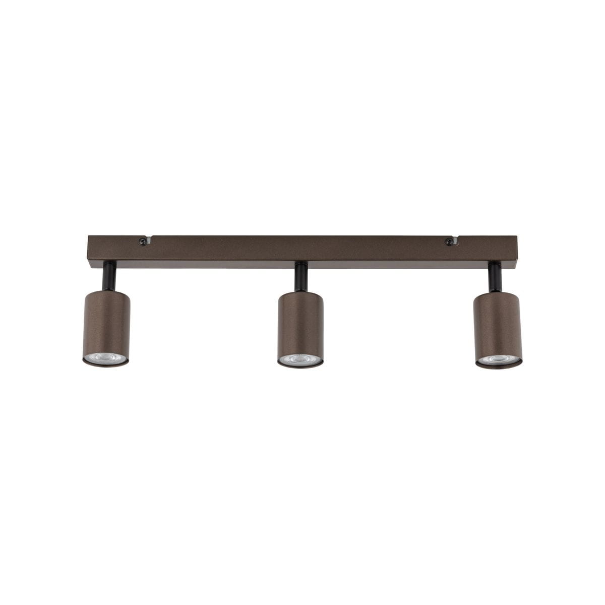 Lampa sufitowa z trzema spotami GU10 w brązowej obudowie. Ułożona poziomo, z cylindrycznymi kloszami zamocowanymi na metalowej listwie. Klosze mają matową fakturę, a całość jest prosta i nowoczesna, idealna do oświetlenia pomieszczeń.
