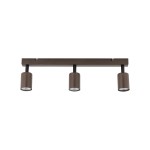 Lampa sufitowa z trzema spotami GU10 w brązowej obudowie. Ułożona poziomo, z cylindrycznymi kloszami zamocowanymi na metalowej listwie. Klosze mają matową fakturę, a całość jest prosta i nowoczesna, idealna do oświetlenia pomieszczeń.