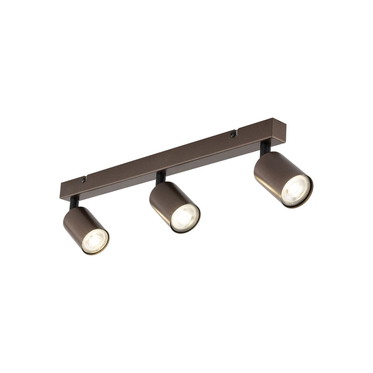 Brązowa lampa sufitowa typu spot z trzema oprawami na żarówki GU10, zamontowana na prostokątnej listwie. Ujęcie frontalne, ukazujące cylindryczne klosze z przodu oraz ich metaliczne wykończenie.