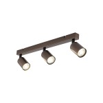 Brązowa lampa sufitowa typu spot z trzema oprawami na żarówki GU10, zamontowana na prostokątnej listwie. Ujęcie frontalne, ukazujące cylindryczne klosze z przodu oraz ich metaliczne wykończenie.