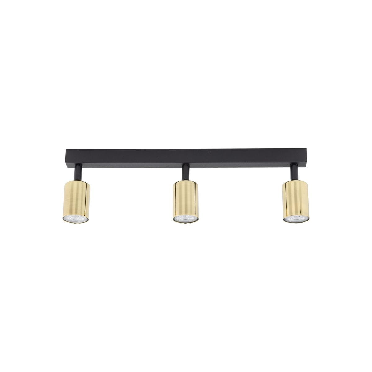 Lampa sufitowa typu spot z trzema źródłami światła GU10, w kolorze czarnym z metalowymi złotymi kloszami. Ujęcie frontalne, produkt zamontowany na prostokątnej podstawie. Prosta, nowoczesna forma, idealna do oświetlenia wnętrz.