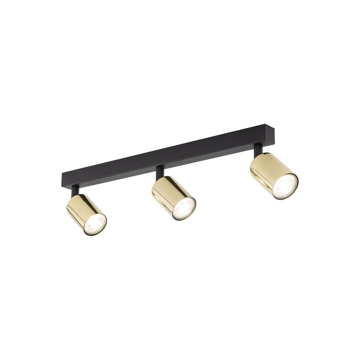 Top lampa sufitowa w formie spotu z trzema oprawami GU10. Konstrukcja czarna z metalowymi złotymi kloszami. Lampa zamontowana na prostokątnej listwie, skierowana w dół, idealna do oświetlenia wnętrz.