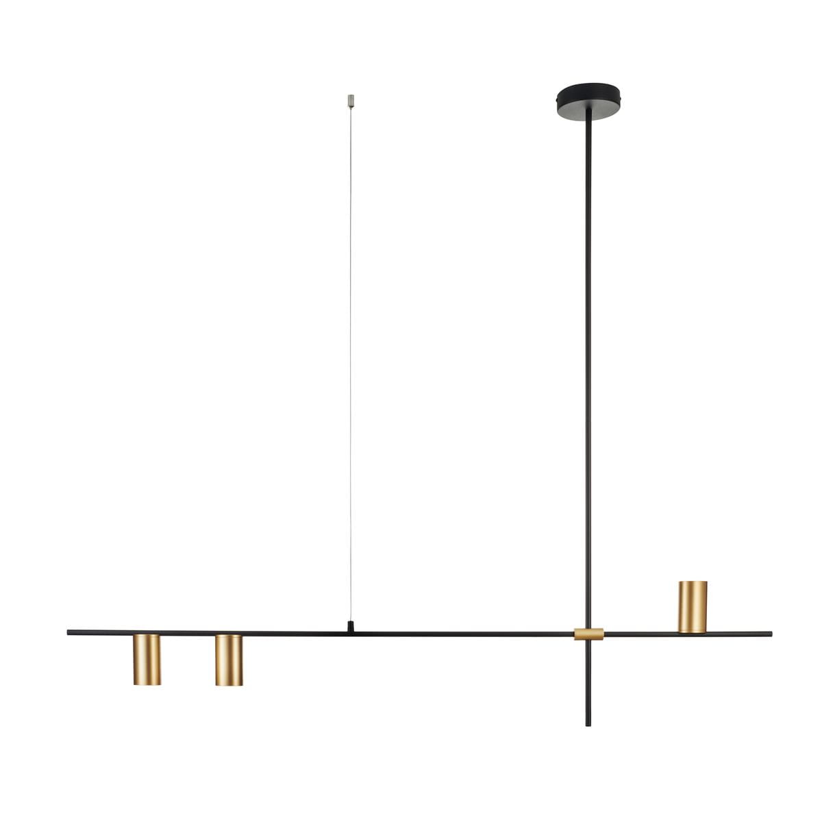 Lungo lampa wisząca 3xGU10 w kolorze czarnym i złotym, z trzema cylindrycznymi kloszami. Ułożona poziomo, z metalowym stelażem i długim przewodem. Prosta, nowoczesna konstrukcja.